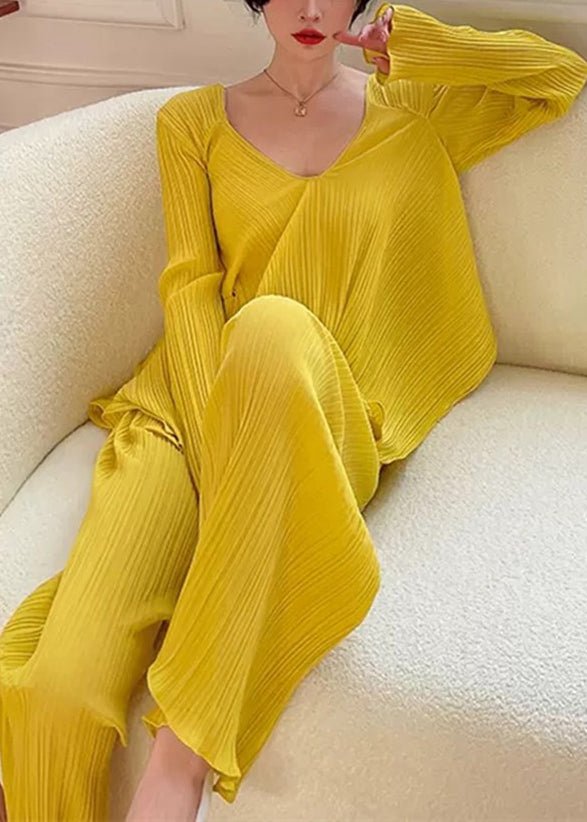 Loose Yellow V Neck Wrinkled Elastic Waist Two Piece Set Fall