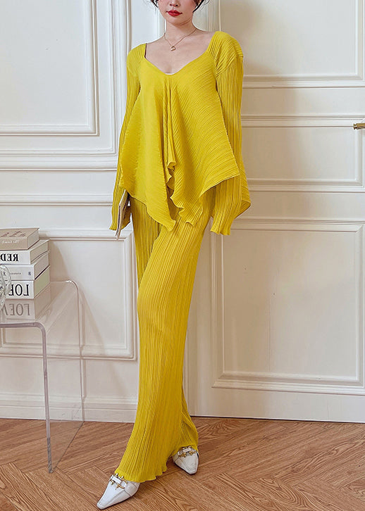 Loose Yellow V Neck Wrinkled Elastic Waist Two Piece Set Fall