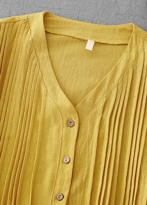 Loose Yellow Wrinkled Button Cotton Shirts Dress Summer