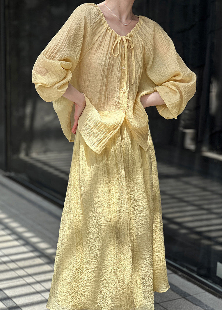 Loose Yellow Wrinkled Lace Up Silk Two Pieces Set Fall