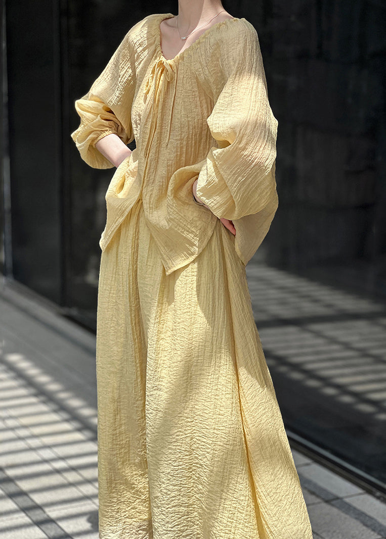 Loose Yellow Wrinkled Lace Up Silk Two Pieces Set Fall