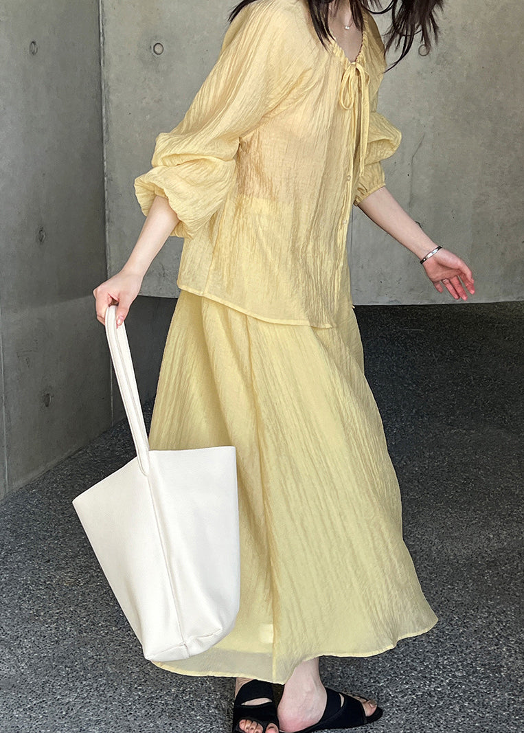 Loose Yellow Wrinkled Lace Up Silk Two Pieces Set Fall