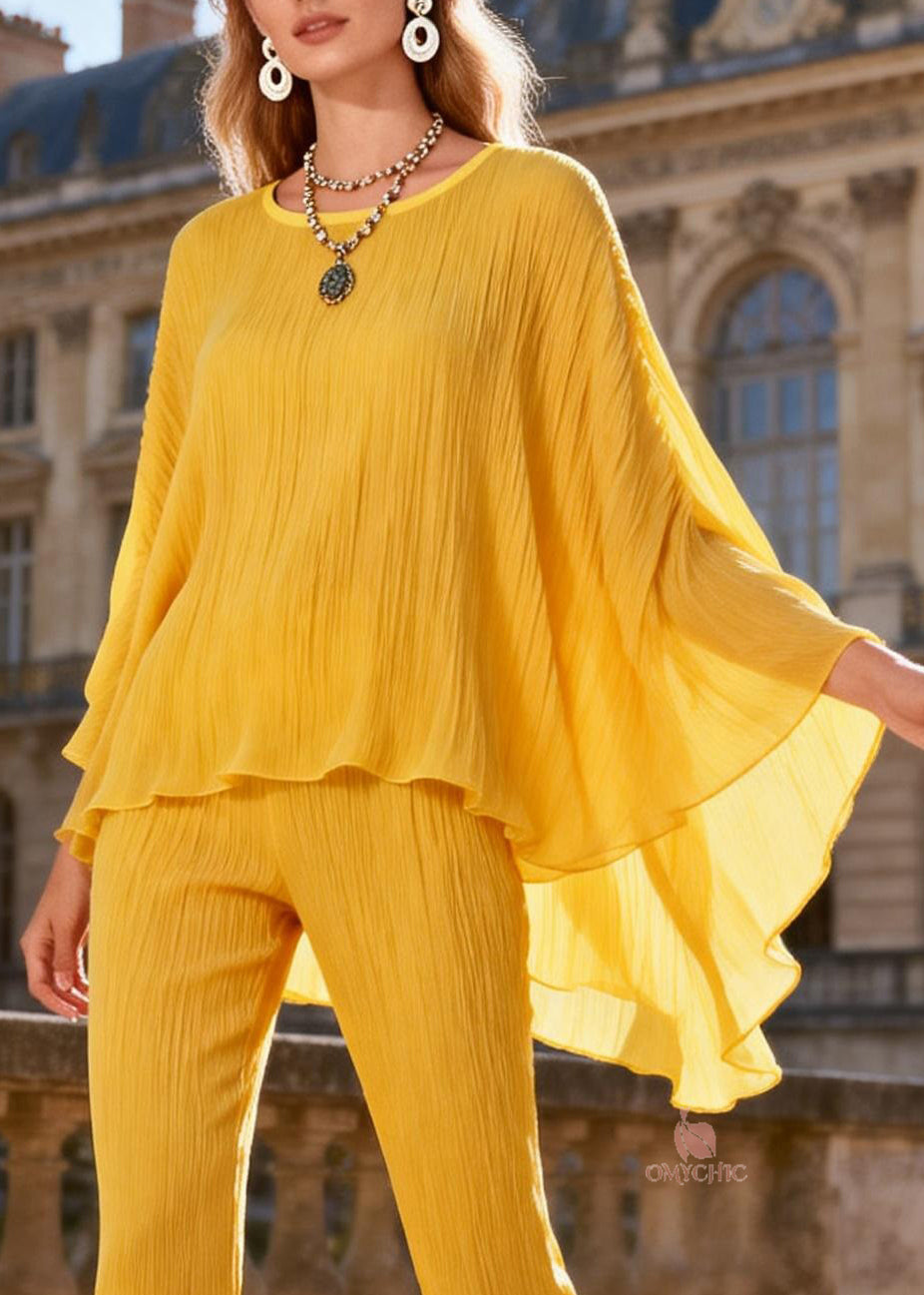 Loose Yellow Wrinkled Low High Design Tops And Flared Trousers Two Pieces Set Batwing Sleeve