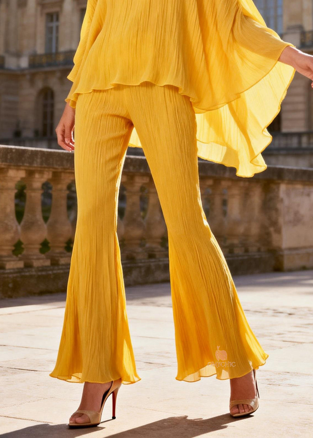 Loose Yellow Wrinkled Low High Design Tops And Flared Trousers Two Pieces Set Batwing Sleeve
