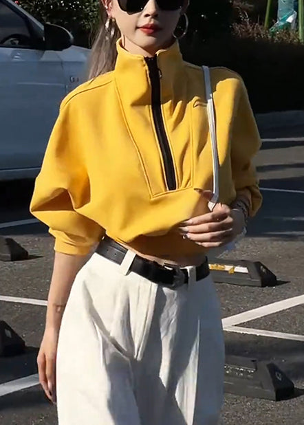 Loose Yellow Zip Up Cotton Sweatshirts Top Fall
