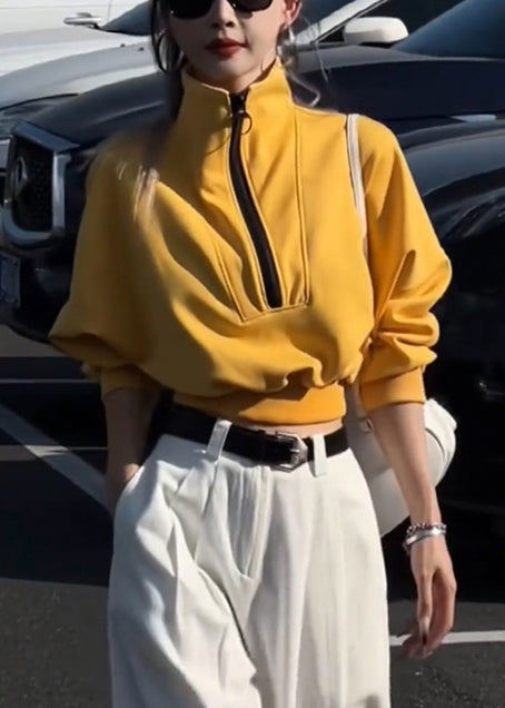 Loose Yellow Zip Up Cotton Sweatshirts Top Fall