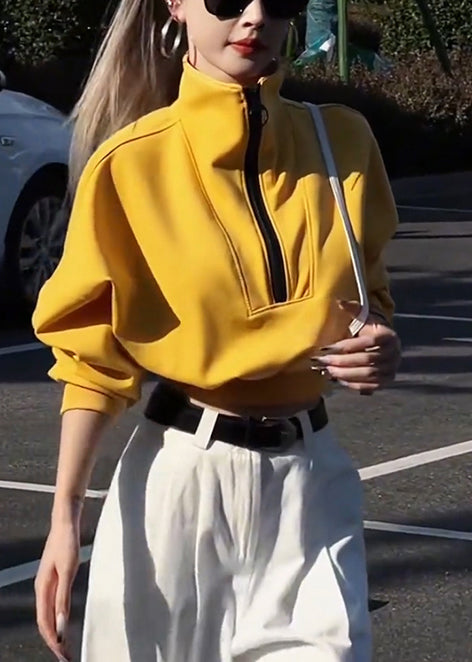 Loose Yellow Zip Up Cotton Sweatshirts Top Fall