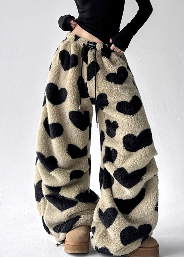 Loving Heart Pockets Fluffy Winter Wide Leg Pants Drawstring