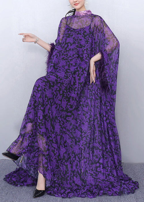 Luxurious Purple Print Patchwork Chiffon Two Pieces Set Half Sleeve