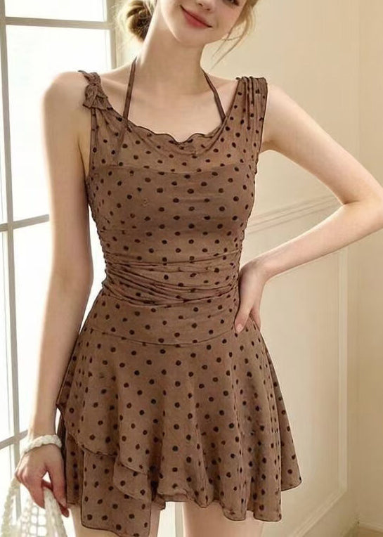 Luxury Brown Halter Print Cotton Swimwear Dress Bodysuit