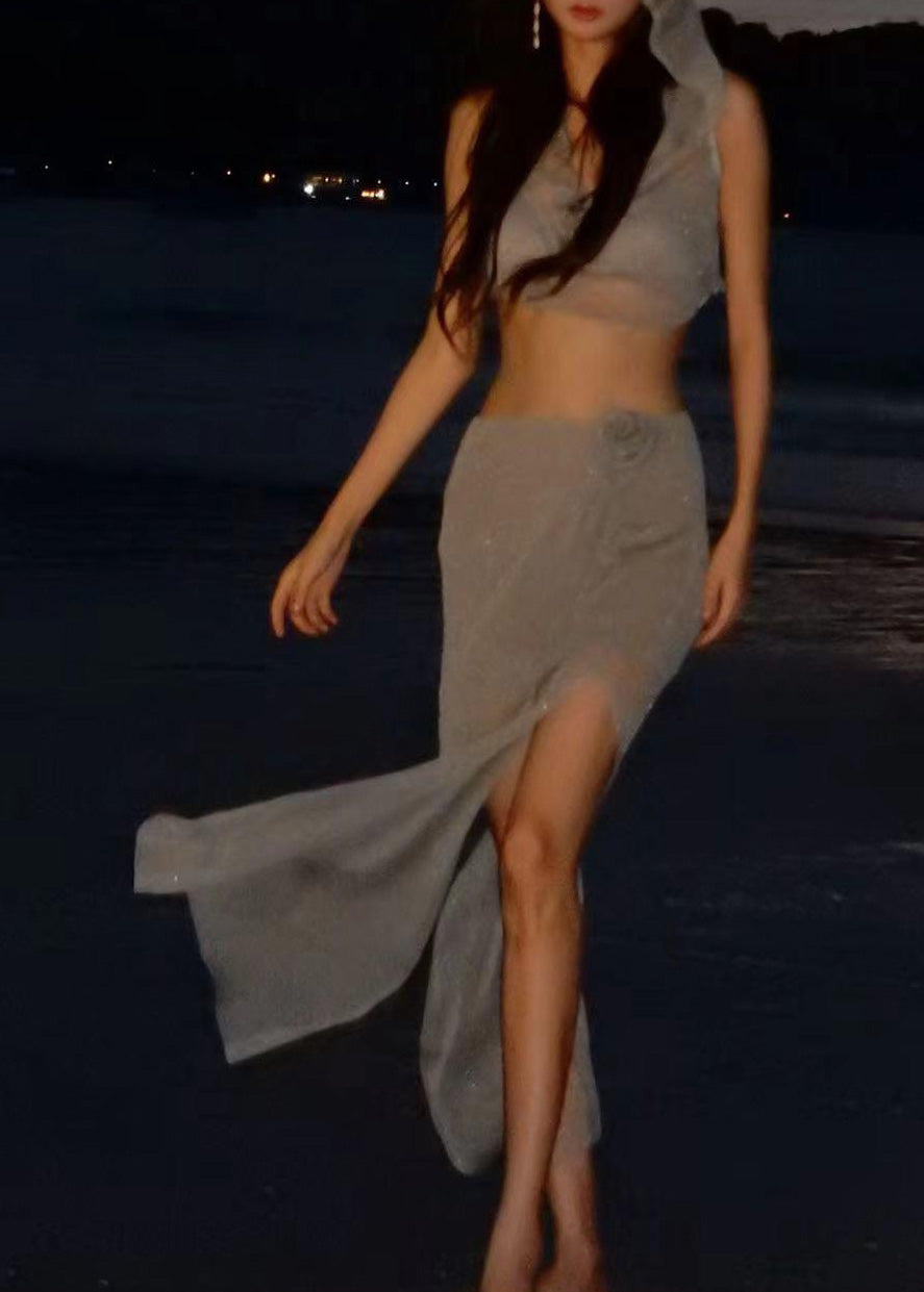 Luxury Little Grey Sequins Hooded Top And Maxi Skirts Lingerie Set