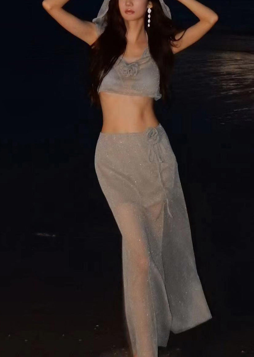 Luxury Little Grey Sequins Hooded Top And Maxi Skirts Lingerie Set