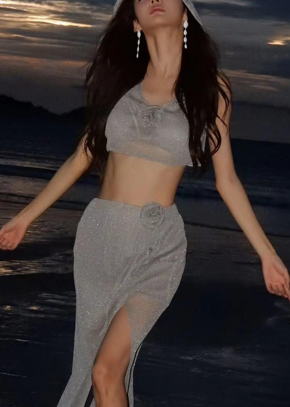 Luxury Little Grey Sequins Hooded Top And Maxi Skirts Lingerie Set