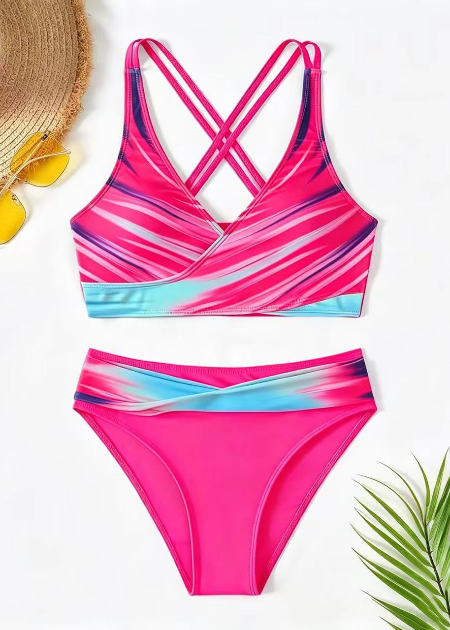 Luxury Pink Striped Back Cross Strap Swimwear Set
