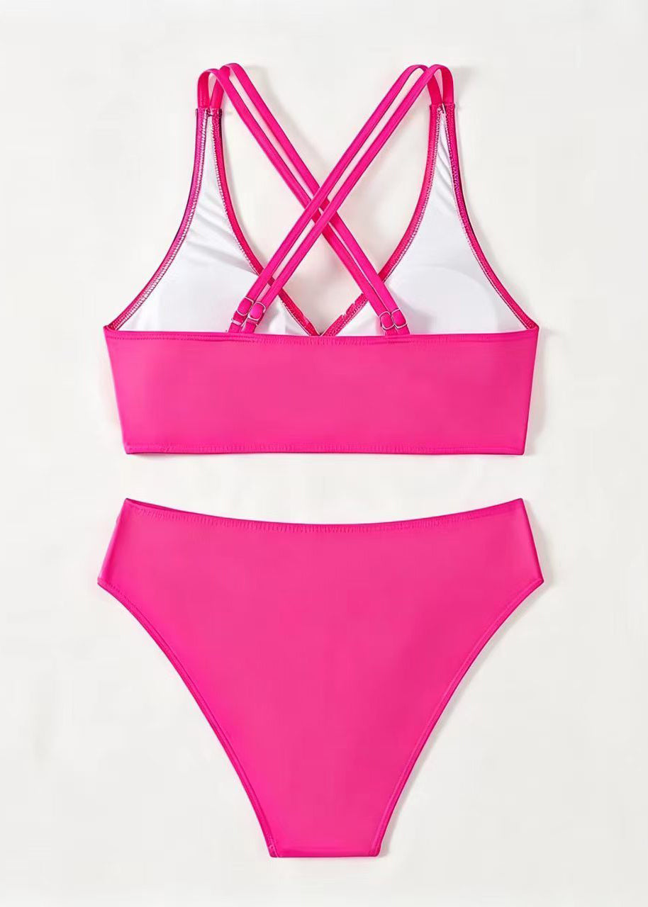 Luxury Pink Striped Back Cross Strap Swimwear Set