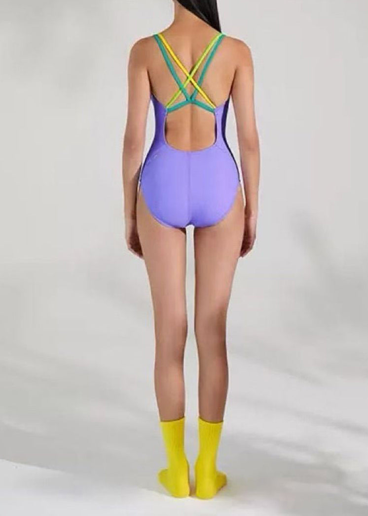 Luxury Purple Backless Cross Strap Swimwear Bodysuit Tops
