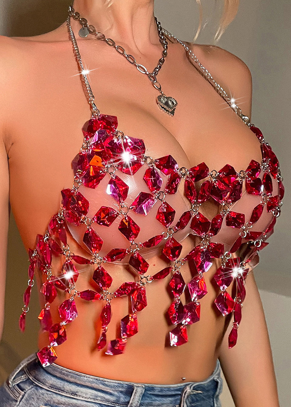 Luxury Rose Halter Rhinestone Tassel Tank Summer