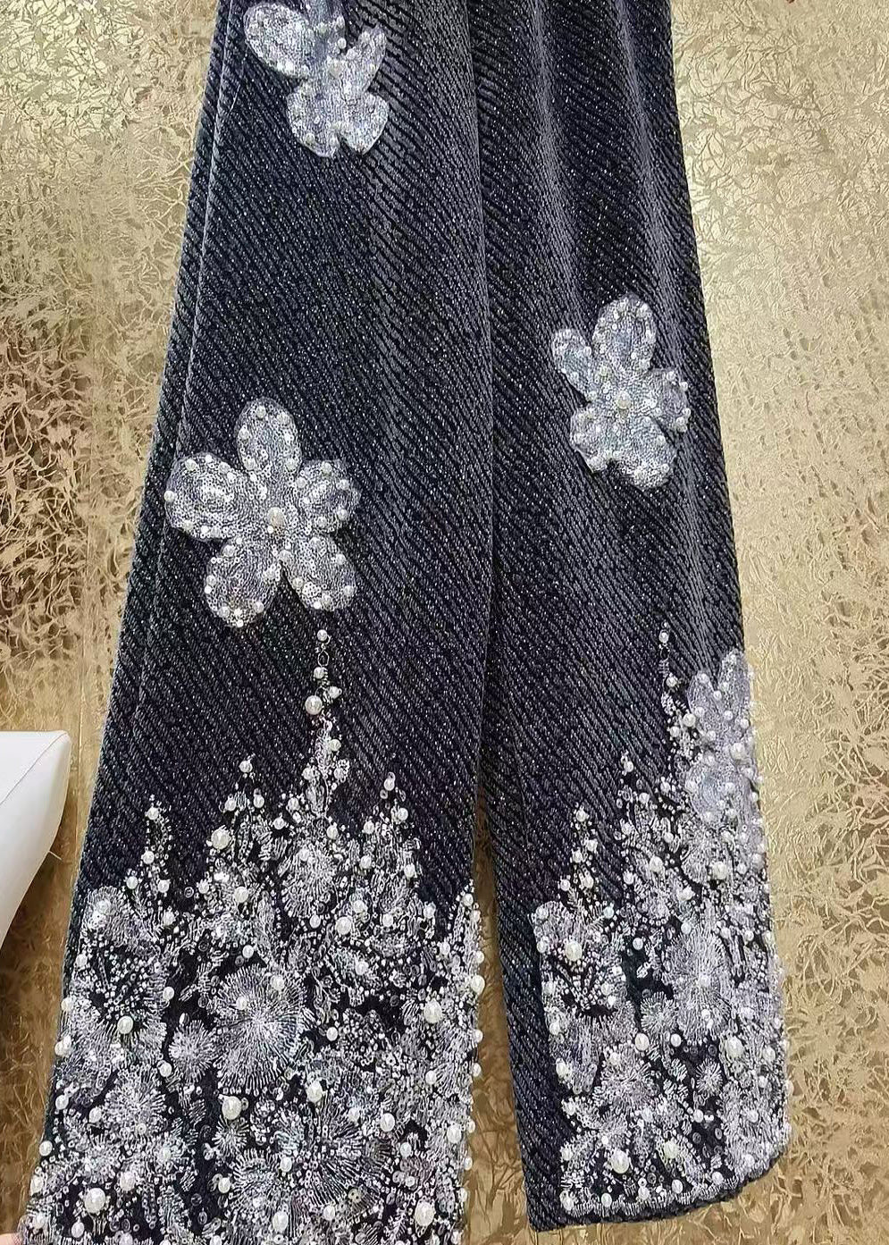 Luxury Sequin Flower Bead Embroidery Woolen Straight Leg Pants Winter