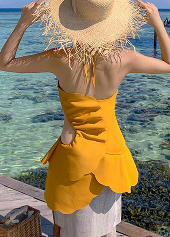 Luxury Yellow Ruffled Hollow Out Solid Bodysuit