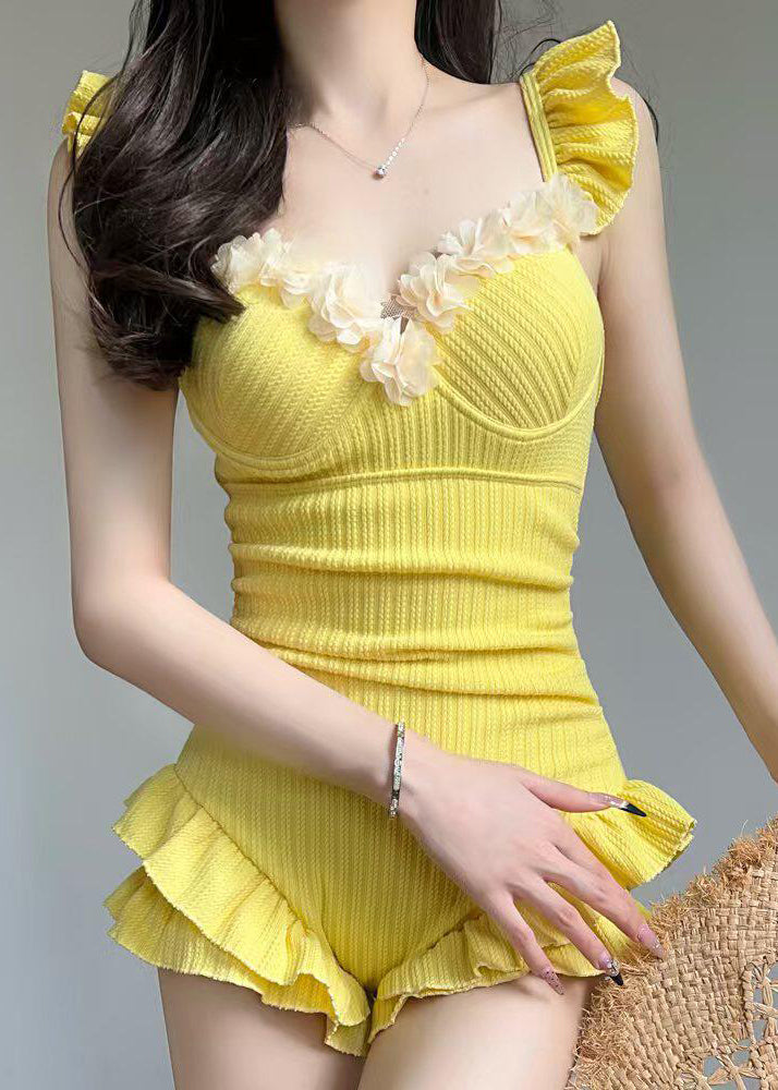 Luxury Yellow Ruffled Teddy Swimwear Bodysuit