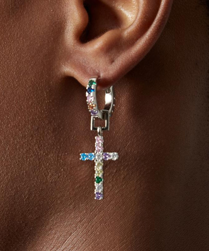 Men Rainbow Sterling Silver Zircon Cross Hoop Earrings