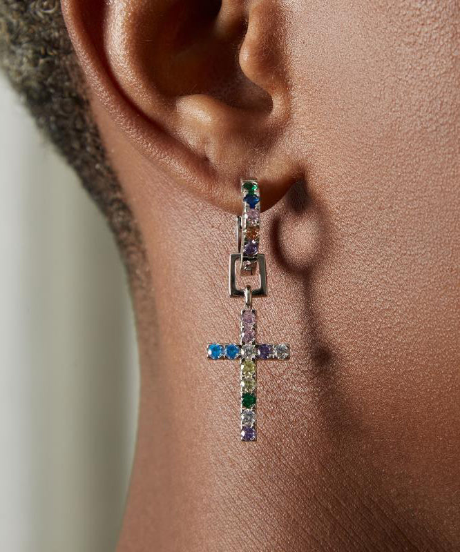 Men Rainbow Sterling Silver Zircon Cross Hoop Earrings