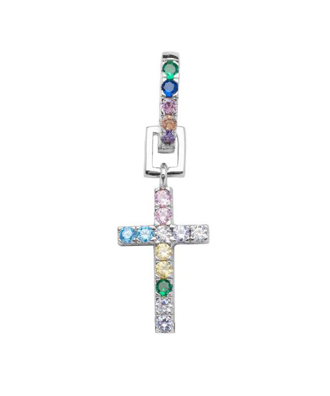 Men Rainbow Sterling Silver Zircon Cross Hoop Earrings
