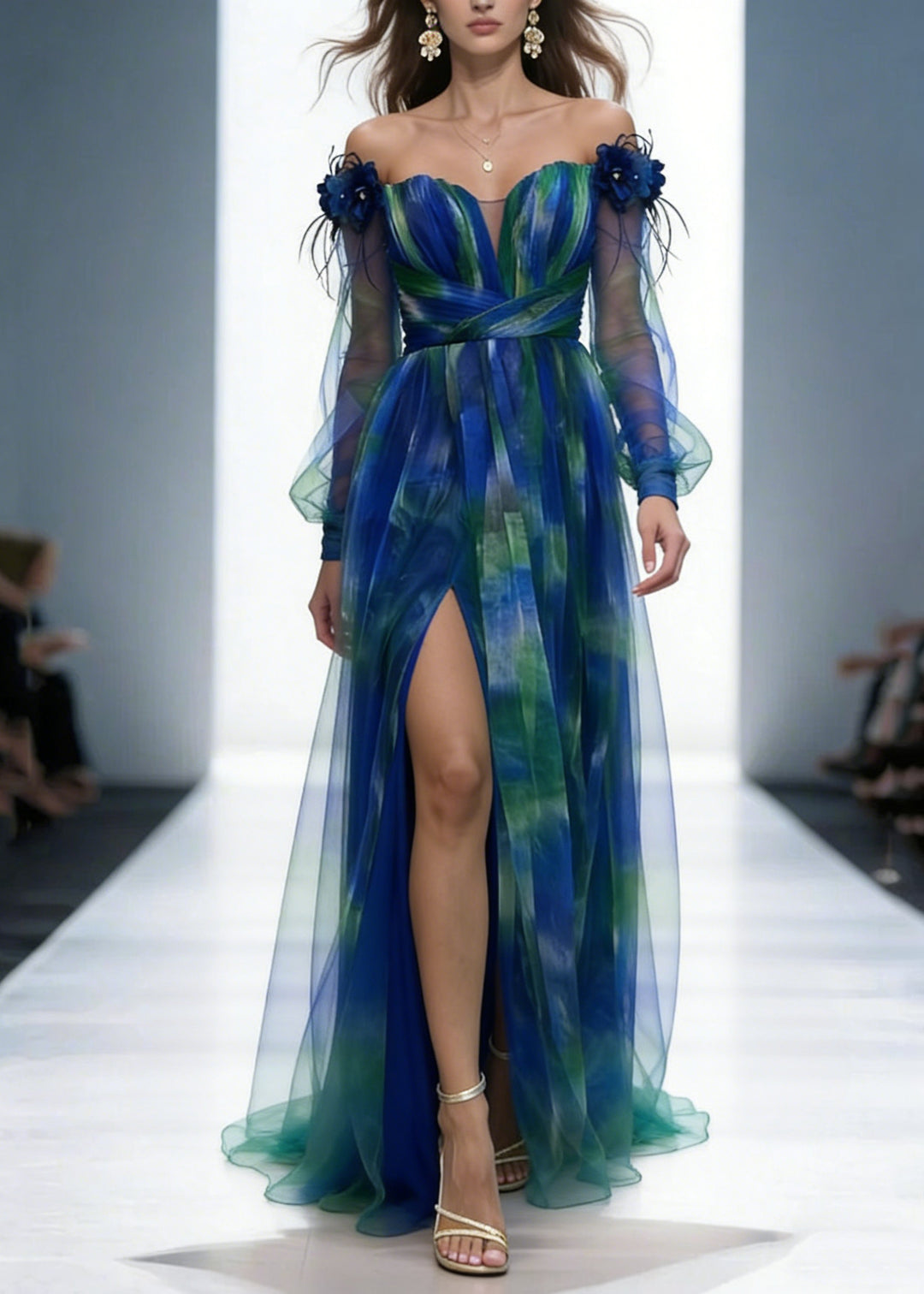 Mesh Tulle Floral Off Shoulder Pleated Slit Evening Maxi Dress1