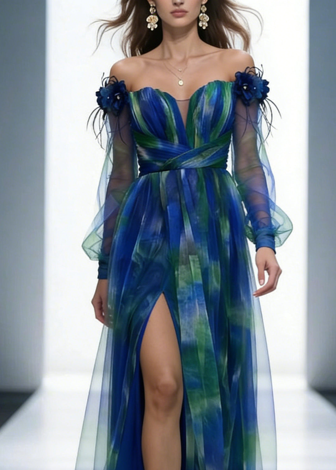 Mesh Tulle Floral Off Shoulder Pleated Slit Evening Maxi Dress1