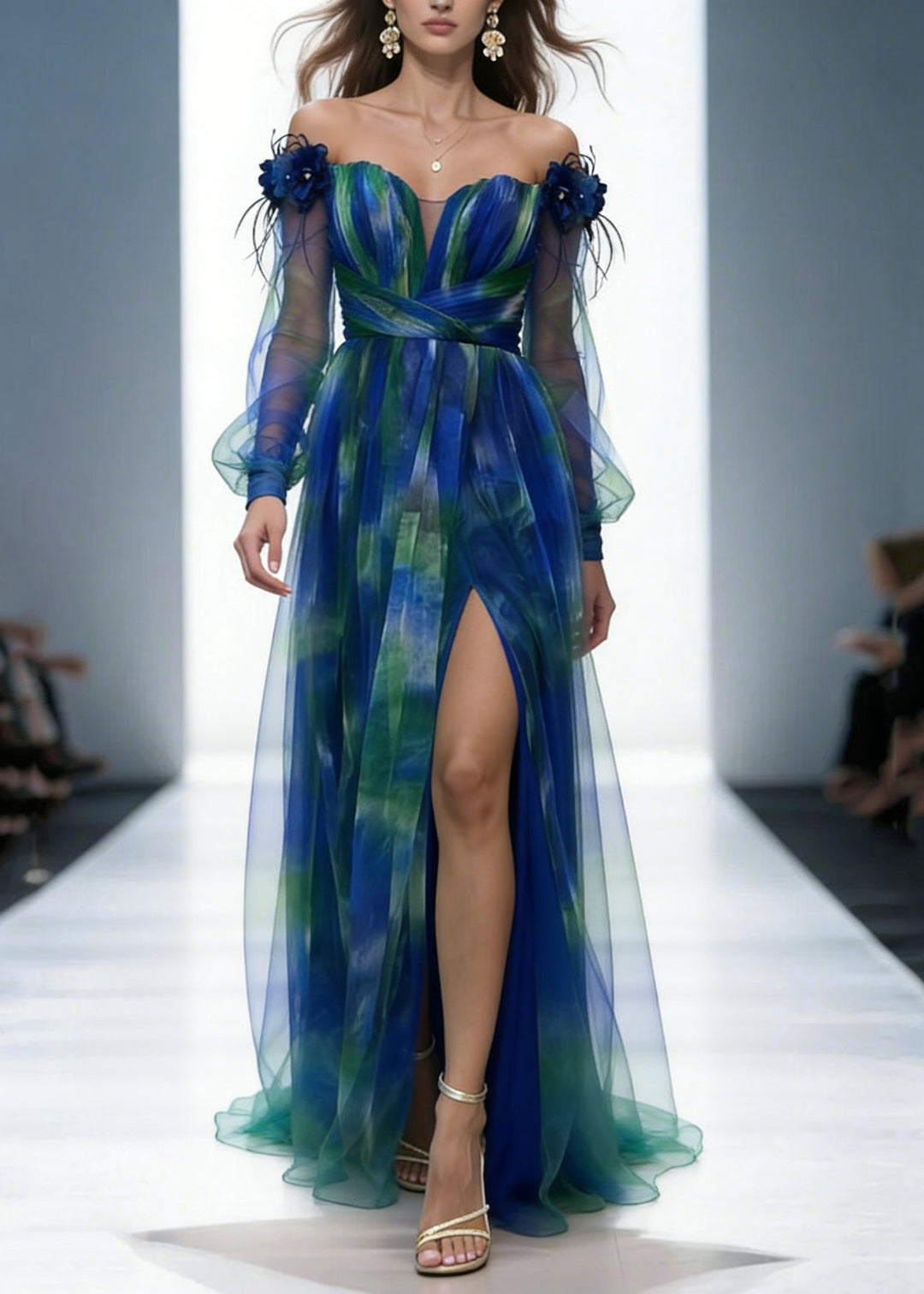 Mesh Tulle Floral Off Shoulder Pleated Slit Evening Maxi Dress1