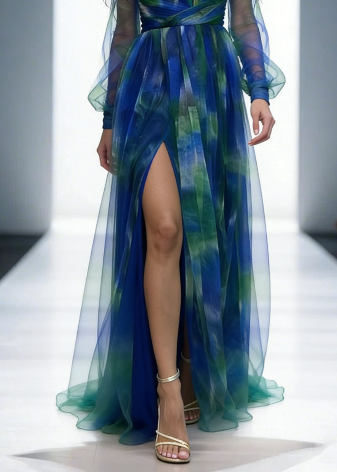 Mesh Tulle Floral Off Shoulder Pleated Slit Evening Maxi Dress1