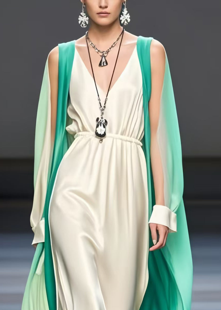 Milk White Patchwork Silk Dresses Cold Shoulder Cloak Sleeves