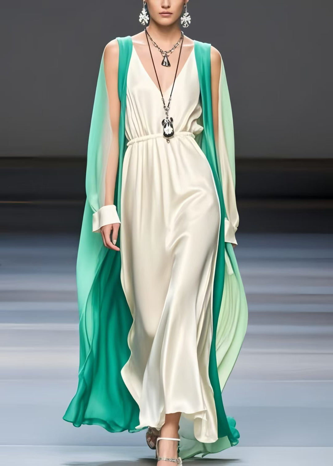 Milk White Patchwork Silk Dresses Cold Shoulder Cloak Sleeves