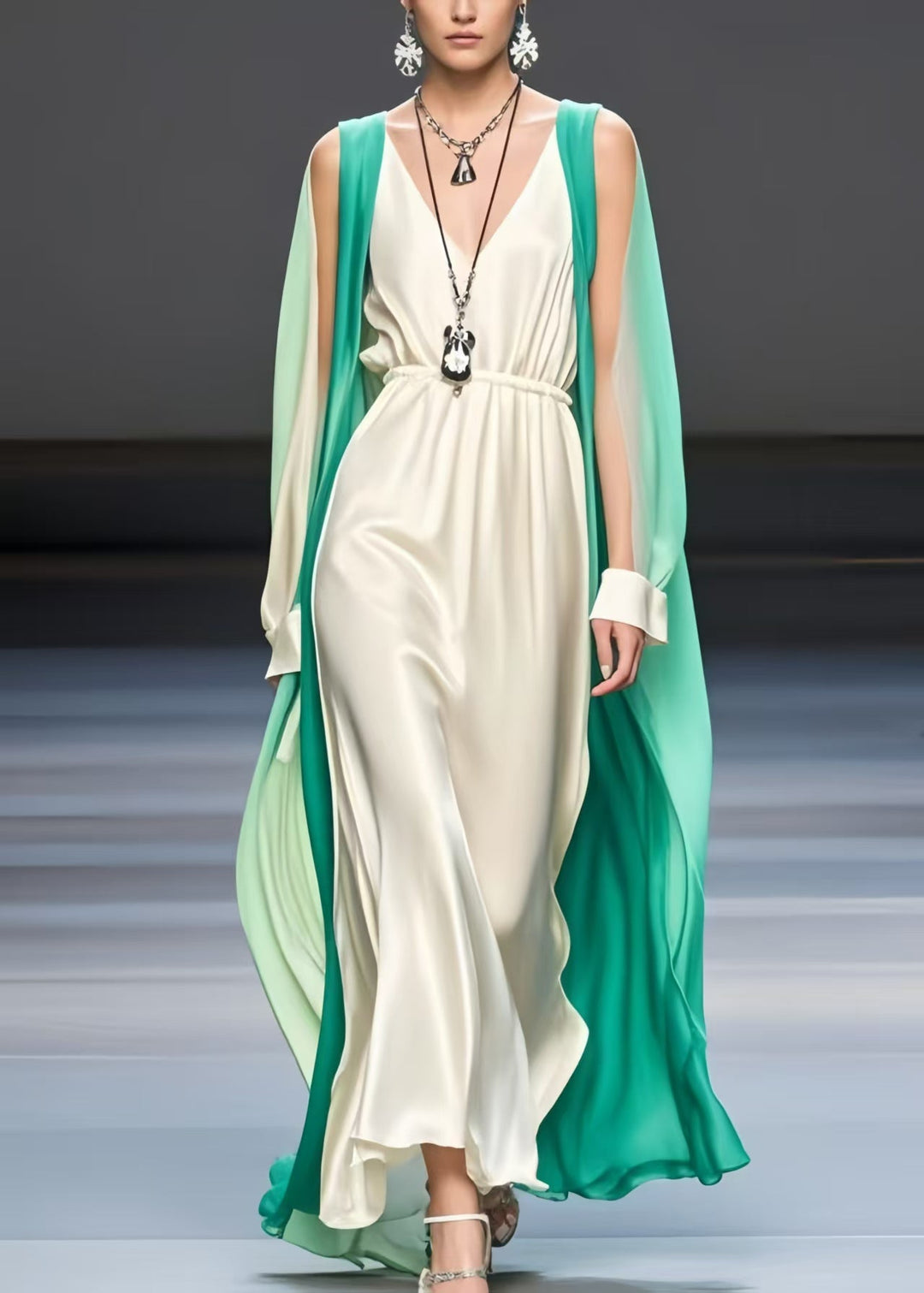 Milk White Patchwork Silk Dresses Cold Shoulder Cloak Sleeves