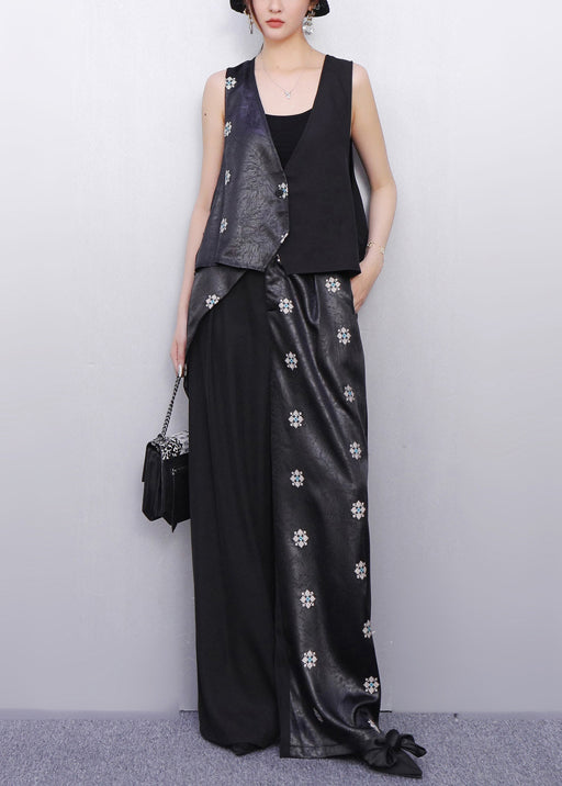 Minimalist Noir Asymmetry Vest And Wide-Leg Pants Floral Bloom