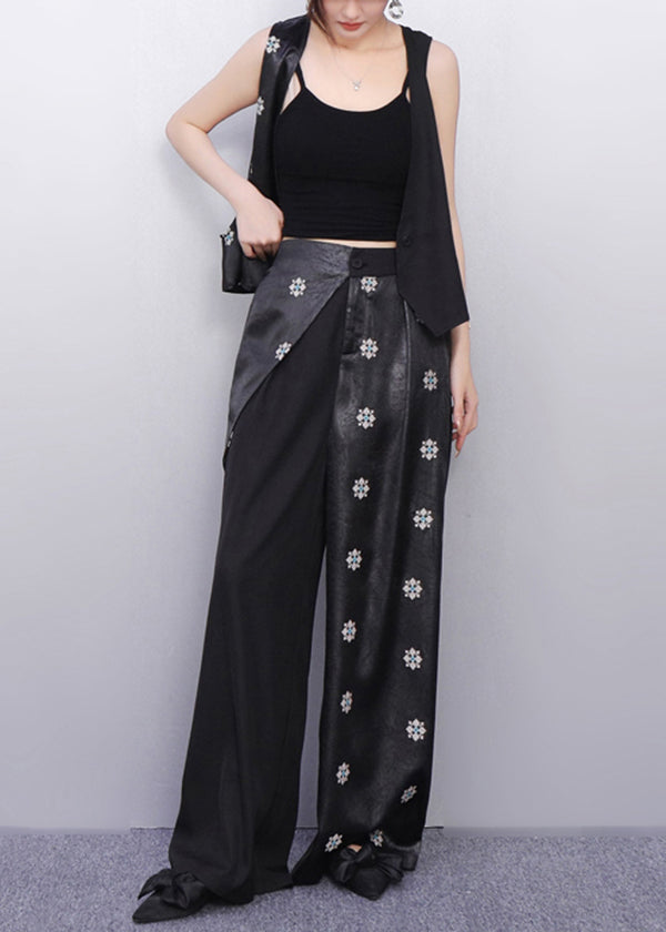Minimalist Noir Asymmetry Vest And Wide-Leg Pants Floral Bloom