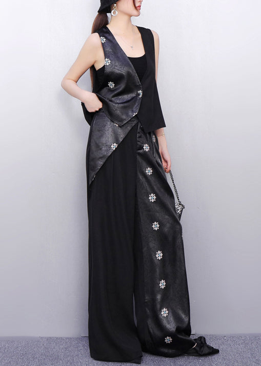 Minimalist Noir Asymmetry Vest And Wide-Leg Pants Floral Bloom