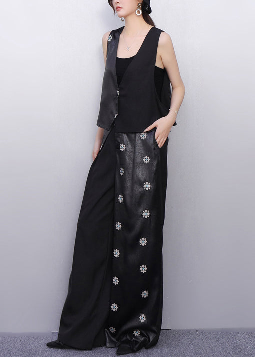 Minimalist Noir Asymmetry Vest And Wide-Leg Pants Floral Bloom