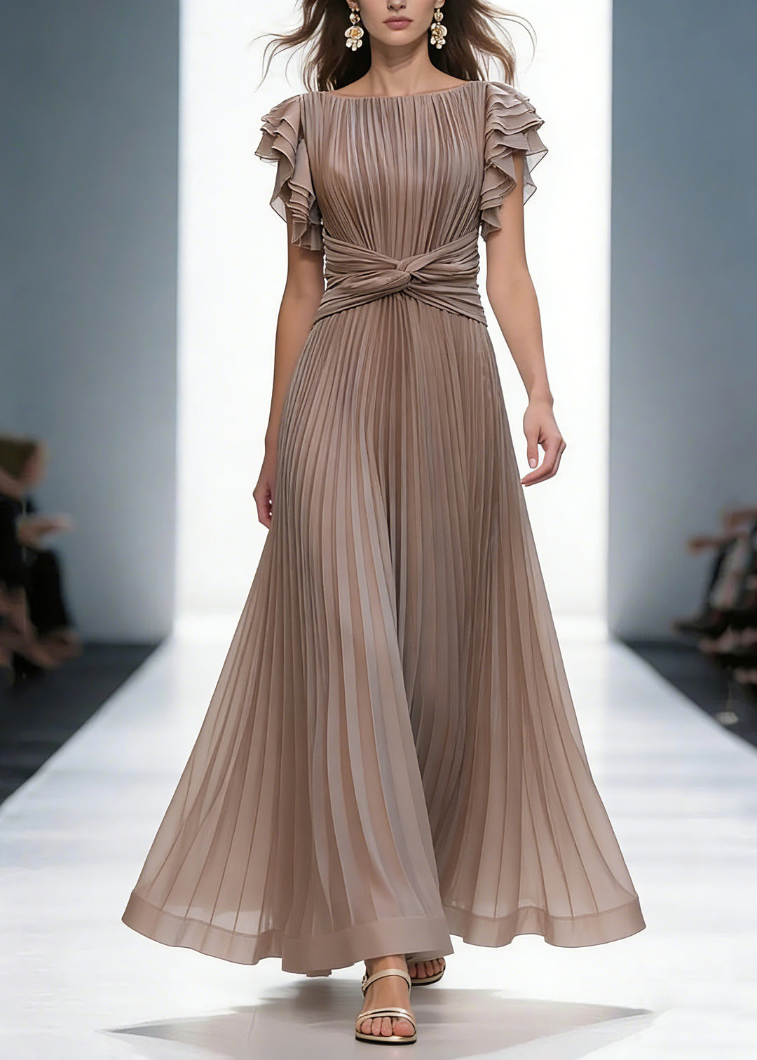 Mocha Elegant Queen Pleated Ruffle Sleeve Cross Waist Maxi Dress