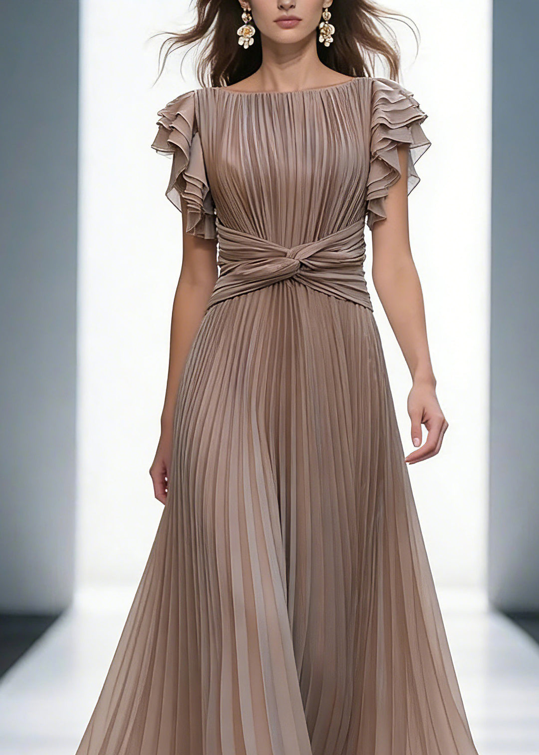 Mocha Elegant Queen Pleated Ruffle Sleeve Cross Waist Maxi Dress