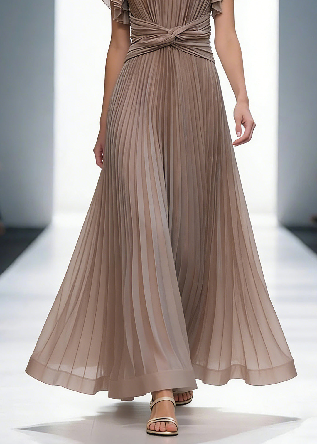 Mocha Elegant Queen Pleated Ruffle Sleeve Cross Waist Maxi Dress