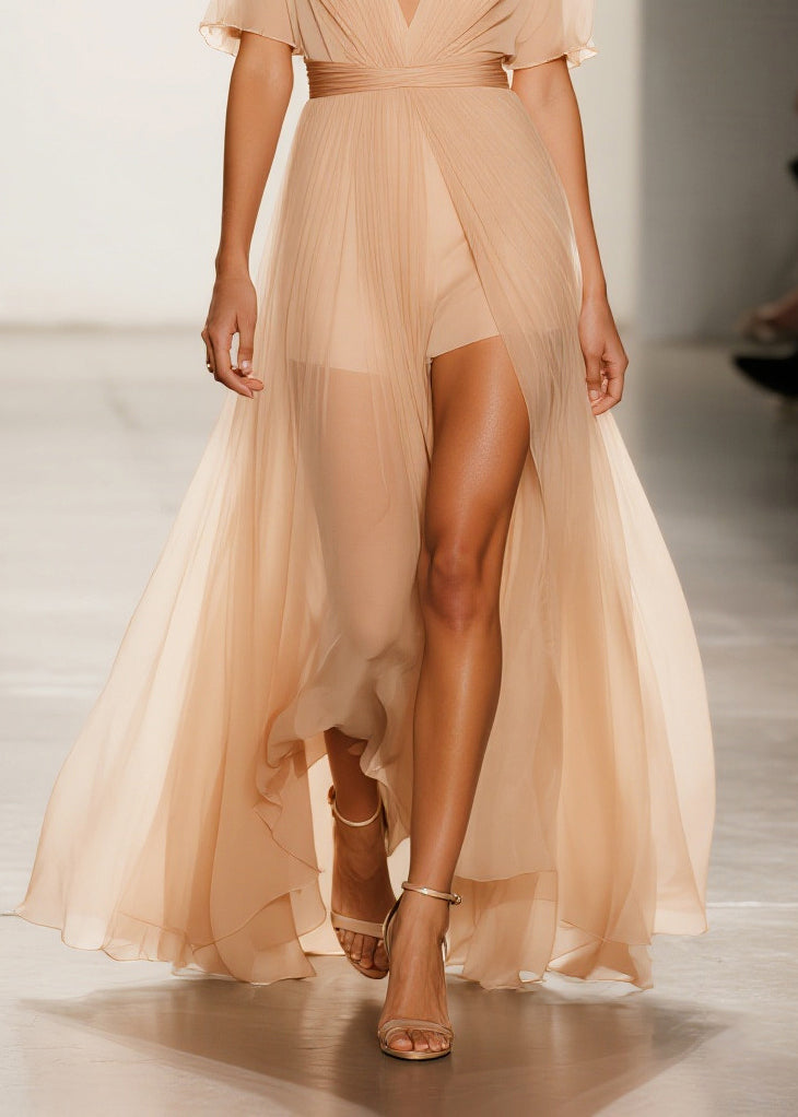 Modern Apricot Exra Large Hem Sheer Tulle Vestidos Dress Summer