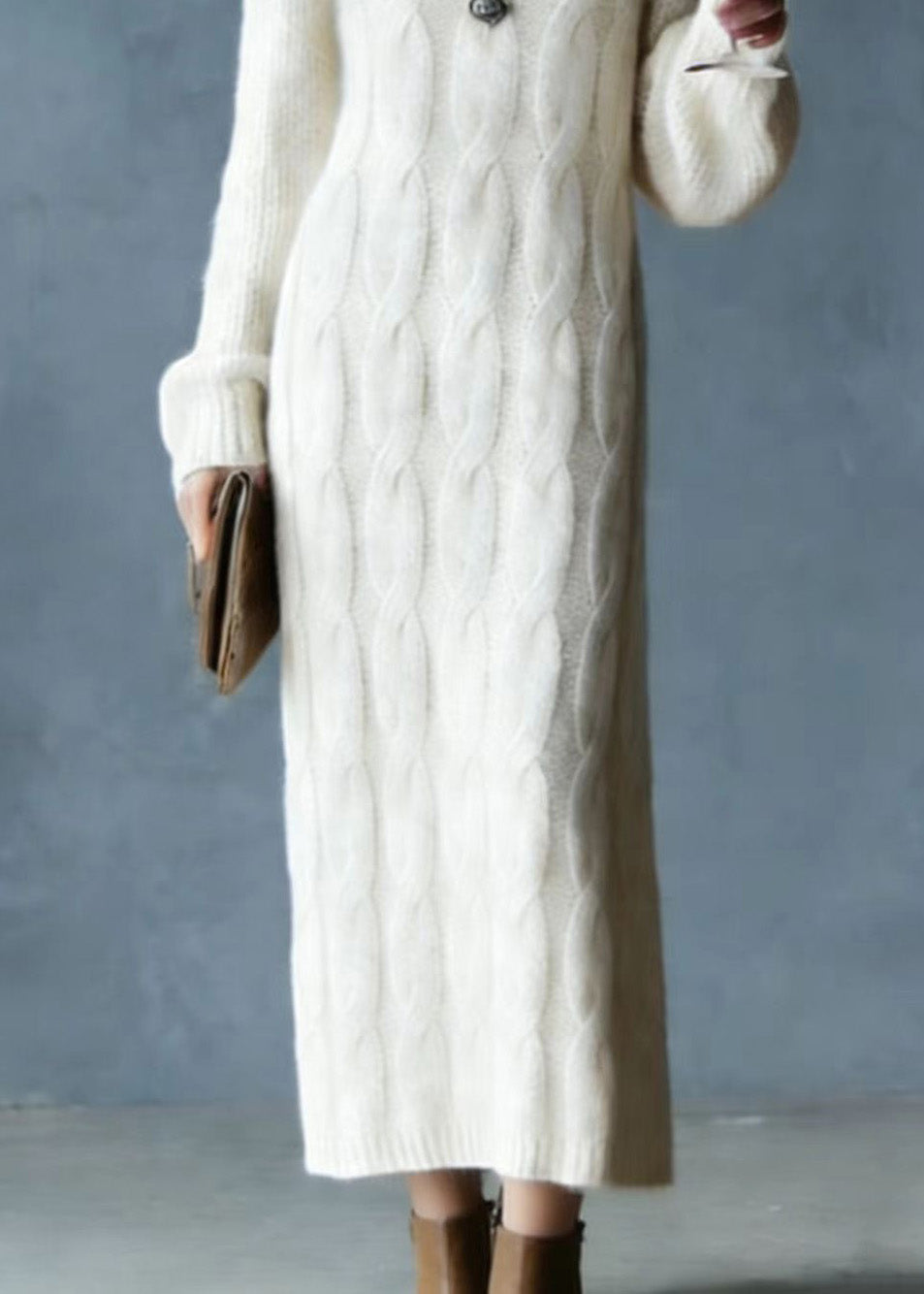 Modern Apricot O Neck Cozy Warm Knit Sweater Dress Spring