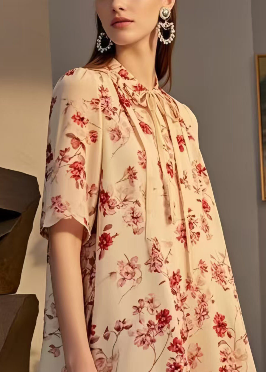 Modern Apricot Print Patchwork Chiffon Tea Dresses Summer