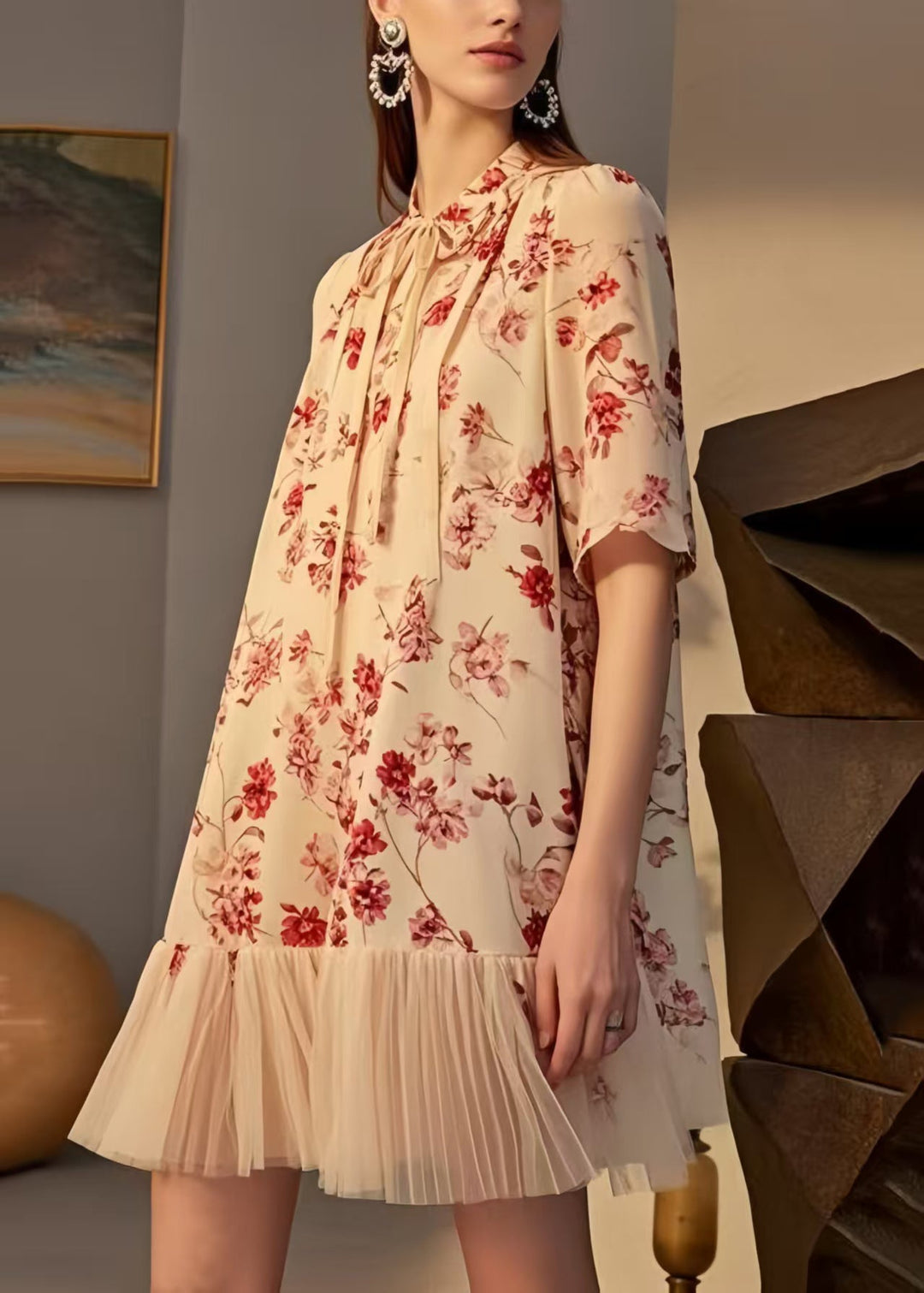 Modern Apricot Print Patchwork Chiffon Tea Dresses Summer
