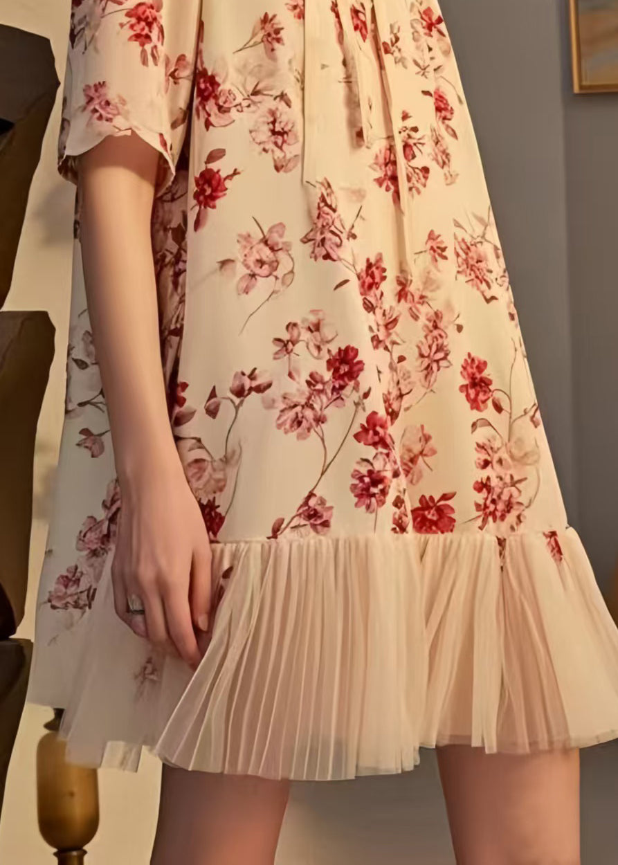 Modern Apricot Print Patchwork Chiffon Tea Dresses Summer