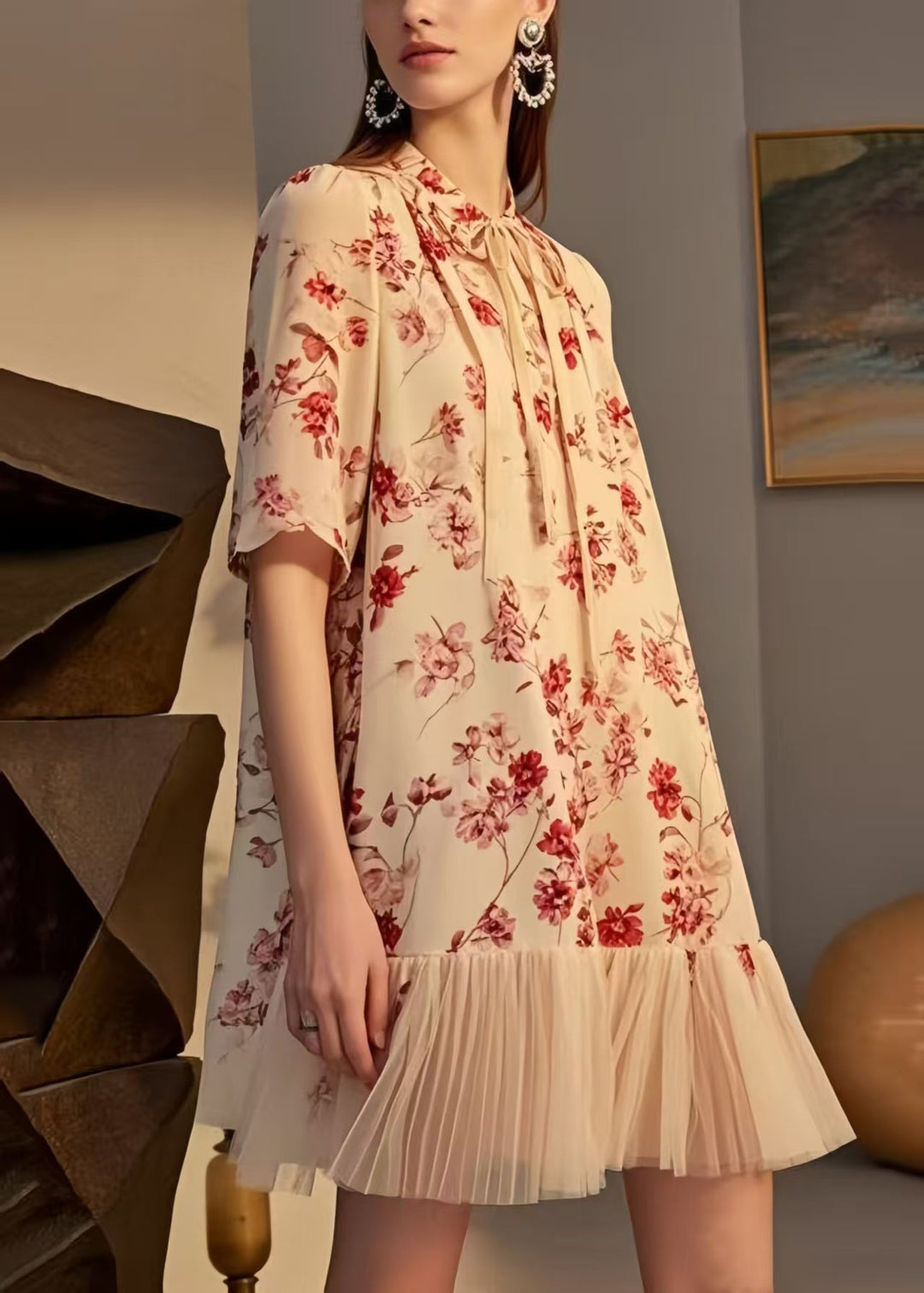 Modern Apricot Print Patchwork Chiffon Tea Dresses Summer