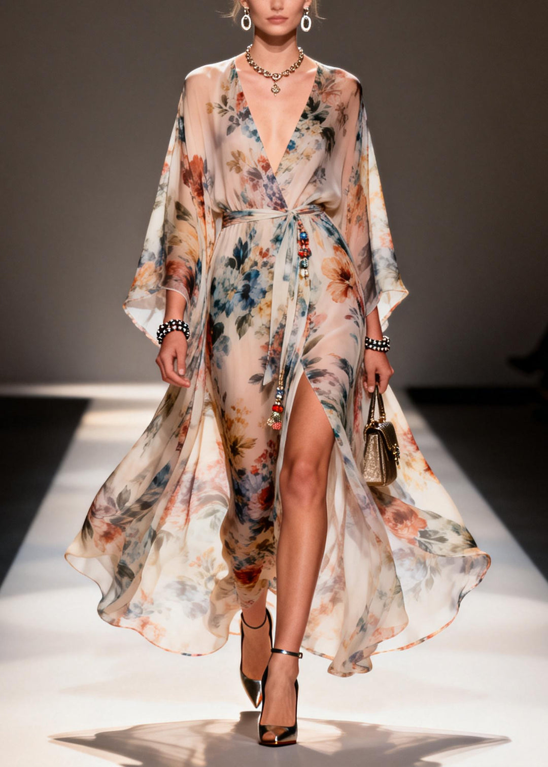Modern Apricot Print Side Open Chiffon Tunic Dress Summer
