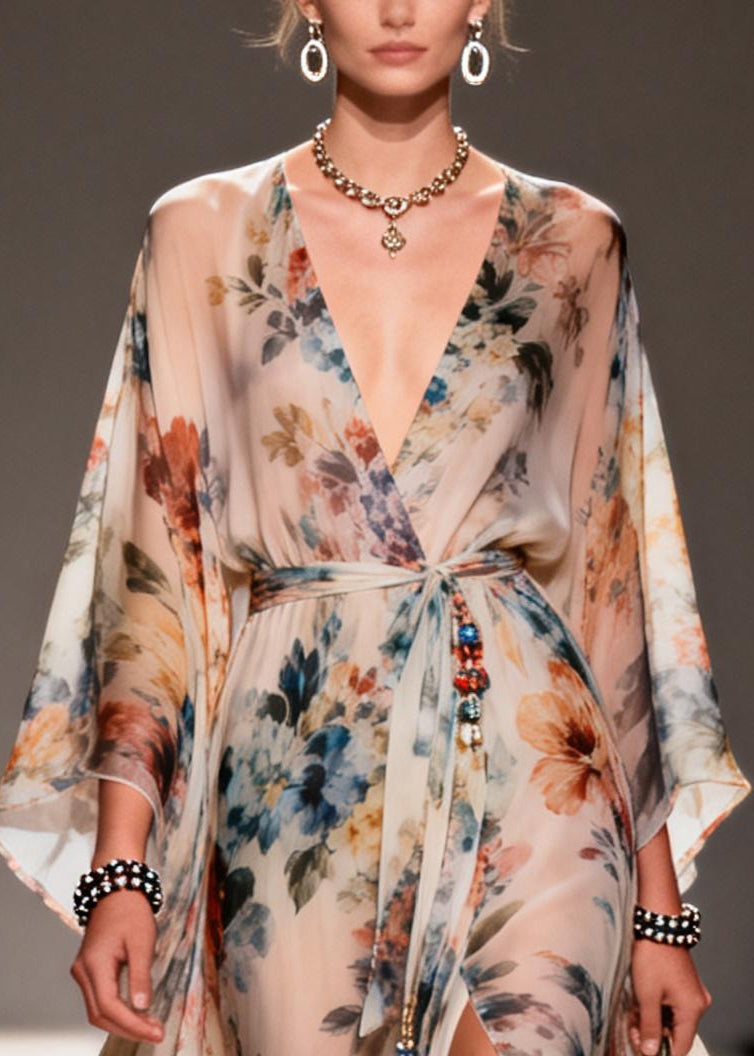 Modern Apricot Print Side Open Chiffon Tunic Dress Summer