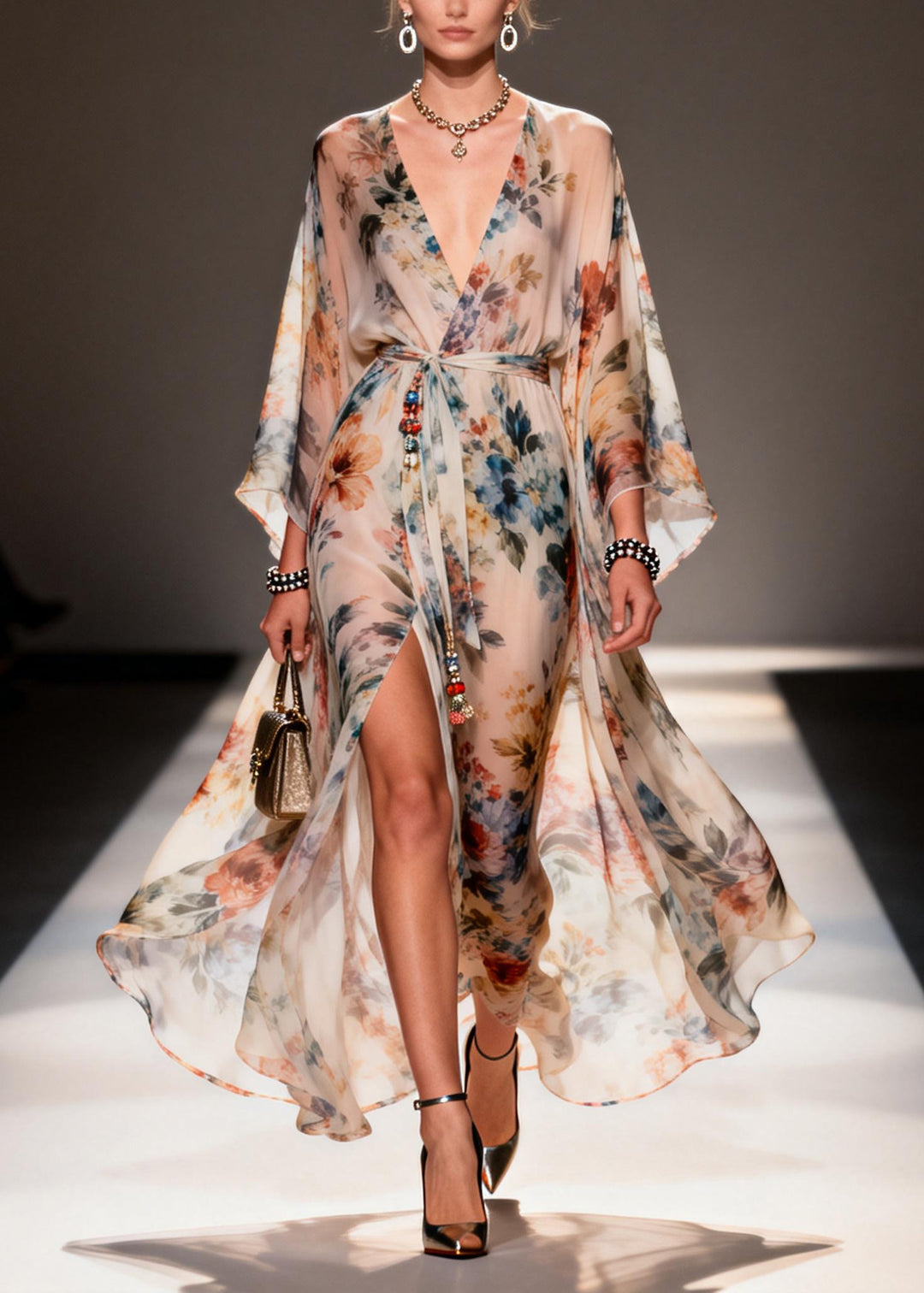 Modern Apricot Print Side Open Chiffon Tunic Dress Summer